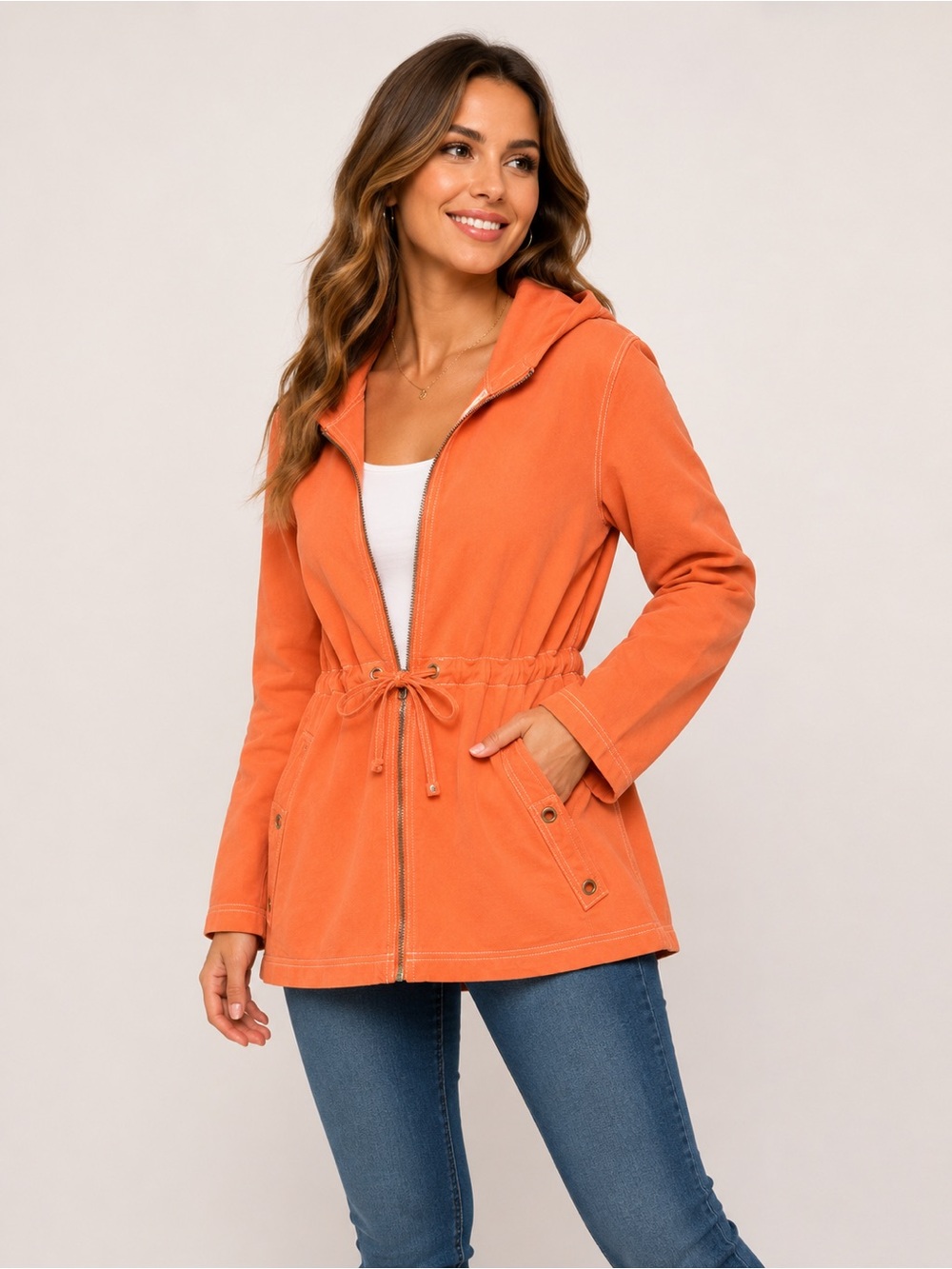 Karen Scott Orange Hooded Drawstring Utility Jacket